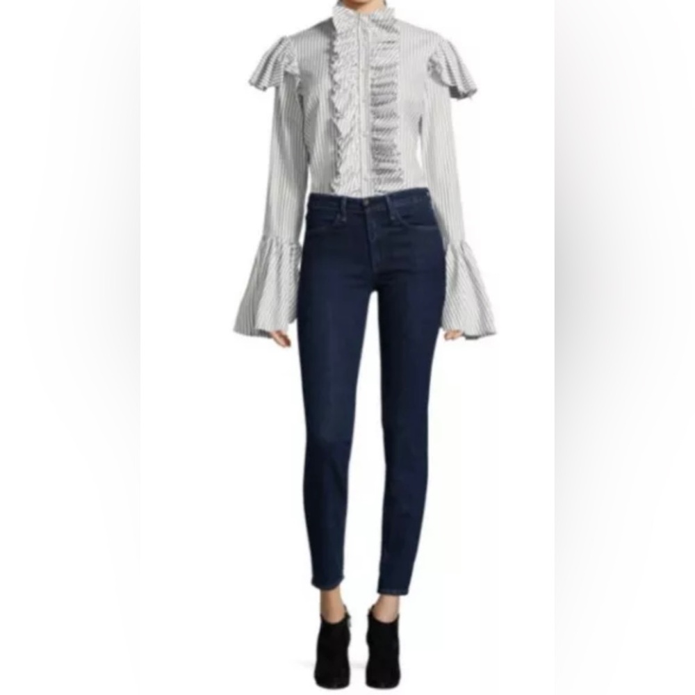 Caroline Constas Ruffle Blouse Green and White Stripe Size Small